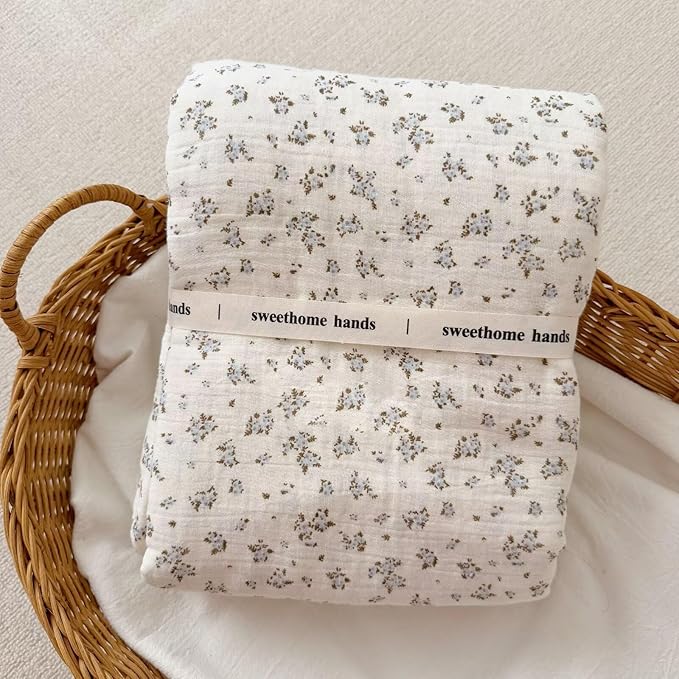 BuLuTu Vintage Blue Floral Muslin Toddler Blanket, 100% Cotton Large Baby Quilt 47x51 Inch, Chic Shabby Plumbago Flower Pattern Swaddling Blankets for Girls Boys, Nursery Decor