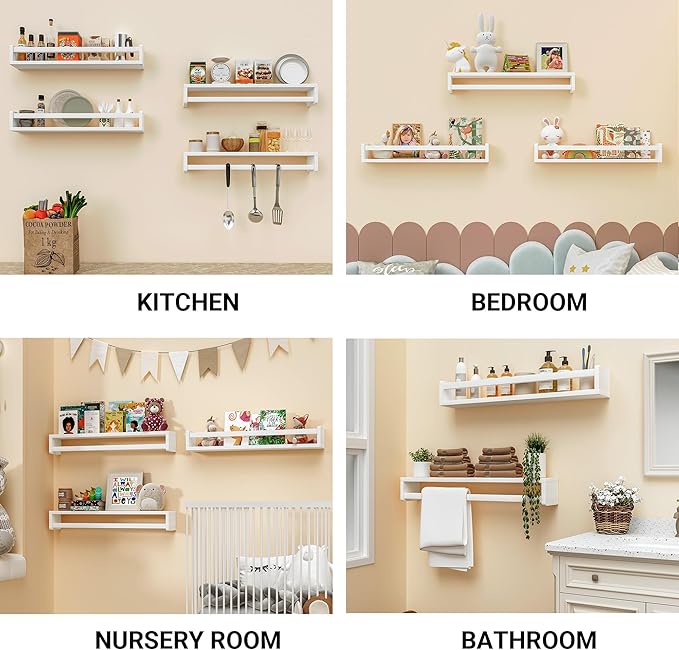 Heimlove 24 Inch Nursery Floating Shelves, Solid Wood Nursery Book Shelves for Wall, Bookshelf for Kid Room, Books,Toys and Decor Storage, Set of 2 (White)