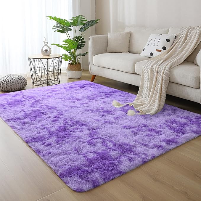 DweIke Fluffy Purple Shag Rugs for Bedroom Living Room, 6x9 Large Soft Plush Tie-Dyed Light Purple Girls Boys Kids Rug, Upgraded Non-Slip and Machine Washable Carpet for Dorm Nursery Classroom Decor
