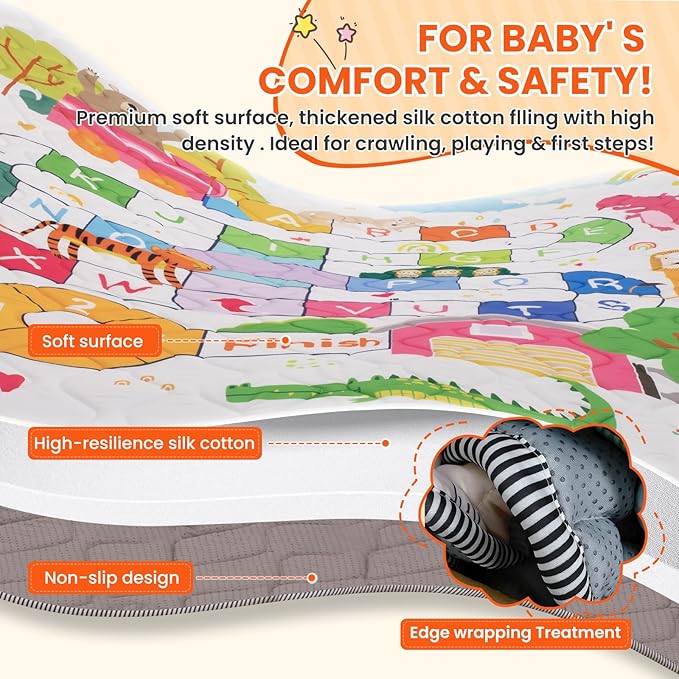 Baby Play Mat for Floor,50x50 Inch Soft Padding Crawling Mat, Foldable and Machine Washable, Thick for Babies & Toddlers,Animal School