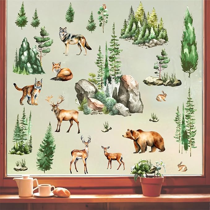 Woodland Animal Window Stickers Clings Watercolor Mountain Animal Tree Wall Decals Green Pine Tree Window Decals Forest Animals Wall Stickers Woodland Window Decoration for Bedroom Living Room