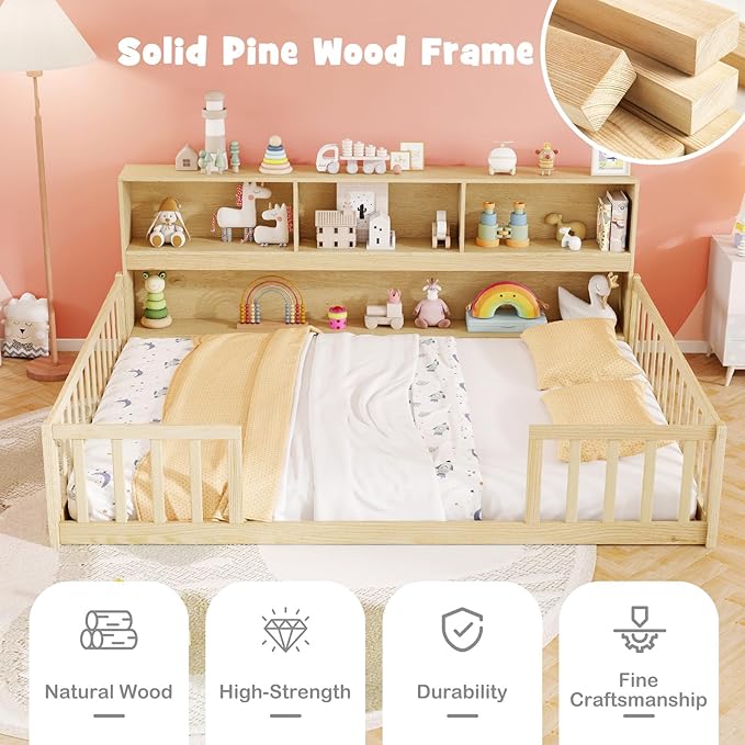KOMFOTT Full Floor Bed with Bookcase & Shelves, Wood Bed Frame with Bedside Bookshelves & Guardrails, Versatile 2-in-1 Montessori Floor Bed for Kids (Full,Natural)
