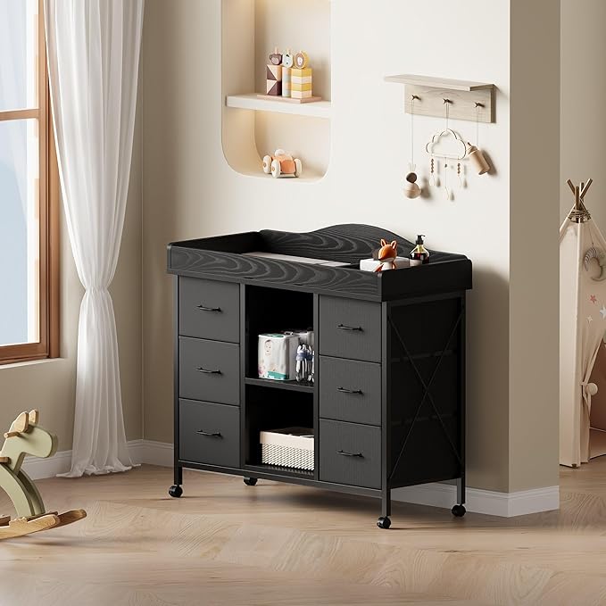 Changing Table, 6-Drawer Baby Dresser with Changing Table top,Waterproof Diaper Changing Station & Pad, 2 Height-Adjustable Open Storage Shelves, Mobile Nursery Organizer, Black