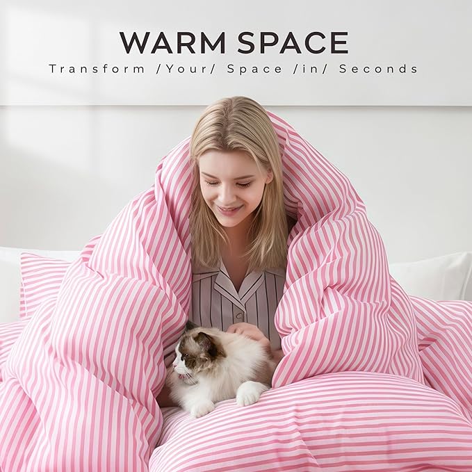 JELLYMONI Twin Duvet Cover Set, Cotton Duvet Cover 2 Pieces with Zipper Closure, 1 Duvet Cover and 1 Pillowcase(Pink with White Striped)