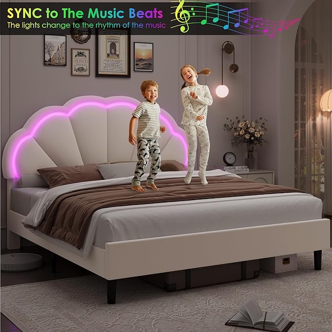 HIFIT Queen Upholstered Smart LED Bed Frame with Adjustable Chic Petal Headboard, Soft Princess Queen Size Platform Bed Frame for Girls, Wooden Slat Support, No Box Spring Needed, Easy Assembly, Beige