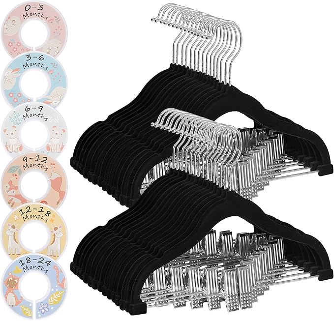 SONGMICS 30 Packs Baby Pants Hangers with Clips, Kids Hangers with 6 Clothes Dividers, Non-Slip Children’s Clothes Hanger, Black UCRF013B30