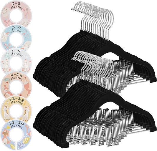 SONGMICS 30 Packs Baby Pants Hangers with Clips, Kids Hangers with 6 Clothes Dividers, Non-Slip Children’s Clothes Hanger, Black UCRF013B30