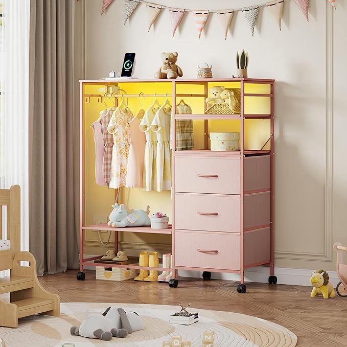 WLIVE Pink Dresser with Hanging Rack for Bedroom, 3 Drawer Dresser with LED Lights & Charging Station, Fabric Dressers & Chest of Drawers, Storage Organizer with Open Shelves for Living Room