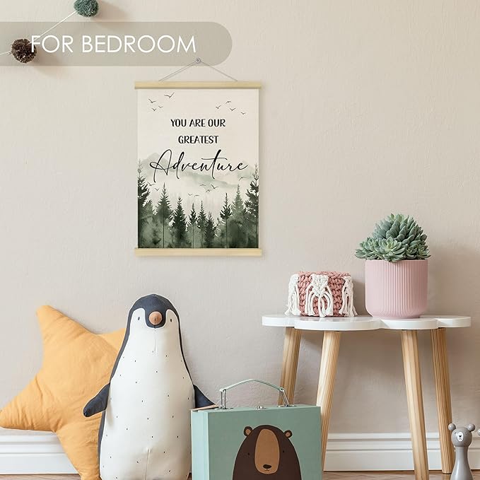 Fewgb Woodland Forest Mountain Wall Art Decor for Baby Nursery Kids Room Playroom, You Are Our Greatest Adventure Hanging Poster Framed Hanger, Sage Green Picture Prints 12x16