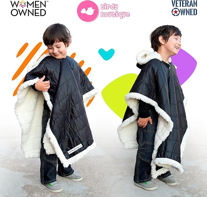 Birdy Boutique Car Seat Poncho for Kids – Reversible Warm Blanket with Hoodie – Safe to Use Over Seat Belts – Easy On, Easy Off, and Doesn’t Impact Seat Performance - Black – One Size