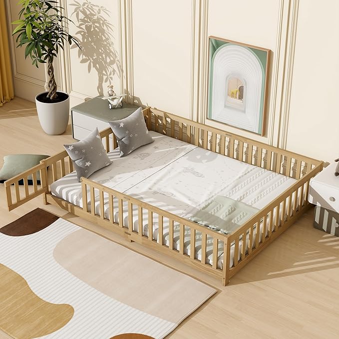 Queen Size Floor Bed with Fence and Door,Rubber Wood Floor Bed w/Safety Guardrails/Near The Ground,Easy to Assemble & No Box Spring Needed, Natural