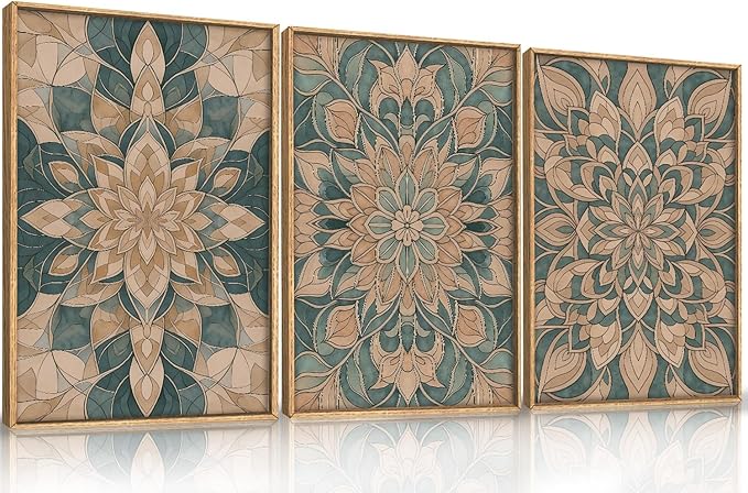 HLNIUC Mandala Flower Wall Art Set of 3, Green Scandinavian Botanical Framed Wall Decor(16x24),Norwegian Folk Art Canvas, Bohemian Mexican Vintage Plant Print for Living Room, Bedroom, Office