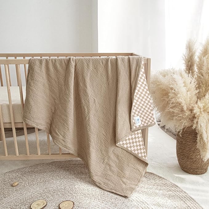 lulumoon Muslin Checkered Baby Blankets：Lightweight Cotton Toddler Blanket - Ideal for Stroller 47"x47"（Caramel Checkered）
