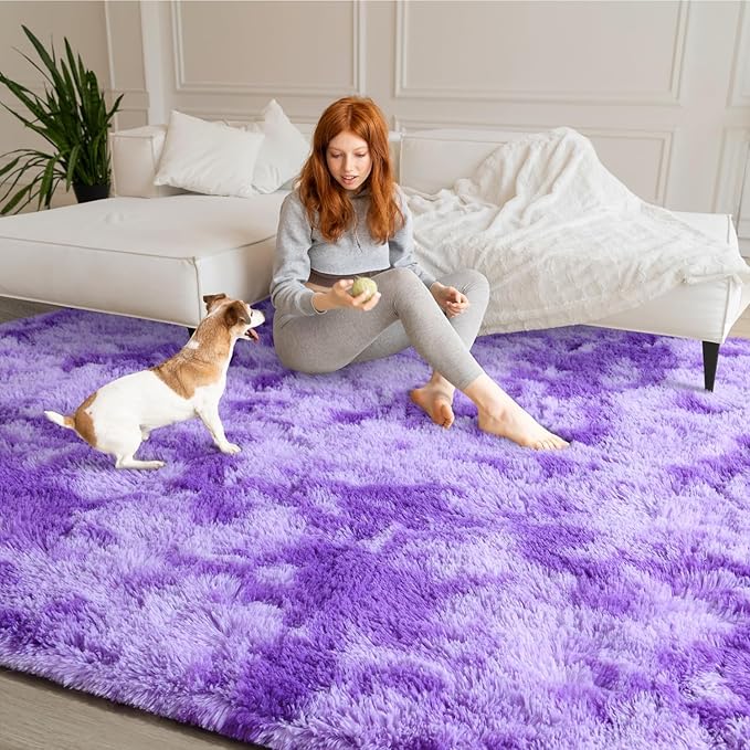 EVOIONOS 5x7 Washable Large Area Rug Living Room, Fluffy Shag Rug Bedroom, Ultra Soft Plush Non Slip Carpet Indoor Floor Bedside Nursery Kids Girls Room Dorm, Home Decor Aesthetic, Tie-Dyed Purple