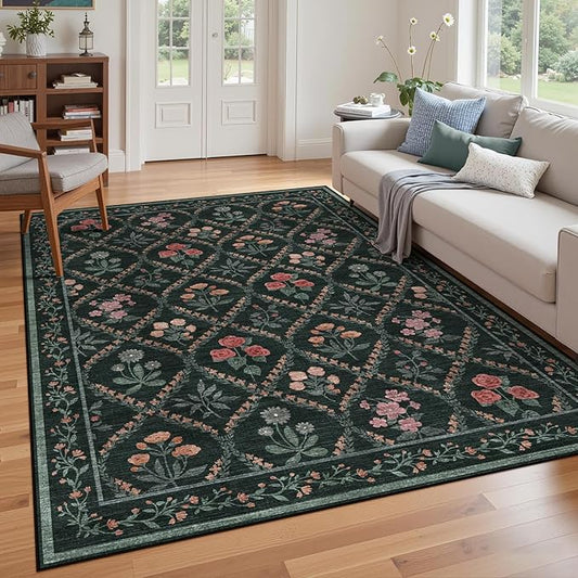 Green 5x7 Floral Rug Washable Area Rug, Non Slip Vintage Boho Rug for Bedroom, Stain Resistant Low Pile Floor Carpets for Living Room Dining Room Home Office,Dark Green