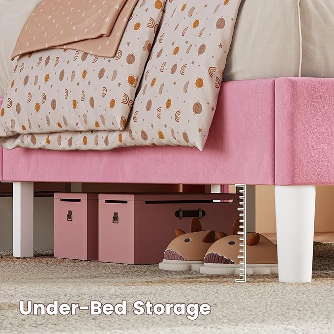 ADORNEVE Full Bed Frame with LED Lights, Princess Velvet Upholstered Platform Bed for Girls, Headboard with Charging Station & Guardrail & Crystal Button, No Box Spring Needed,Pink