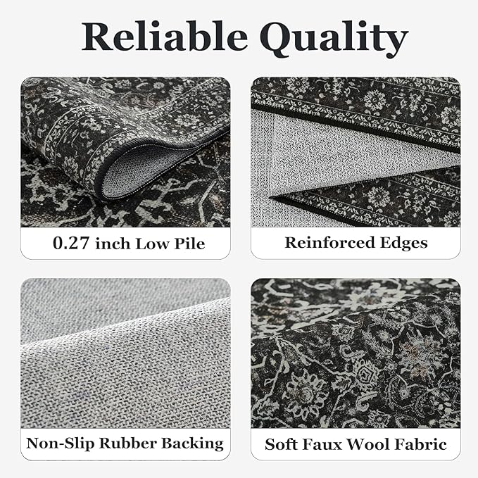 Vintage Charcoal 8x10 Area Rugs for Living Room, Retro Dark Earth Tone Carpet Rug for Bedroom Dining Room, Low Pile Thin Washable Non Slip Room Rug for Home Office Family Room