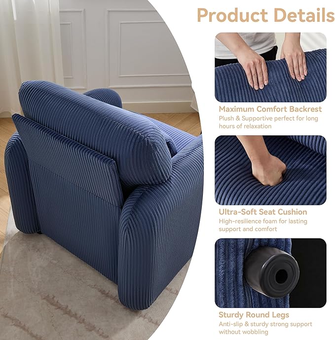 Corduroy Fabric Accent Chairs Set of 2, Modern Upholstered Living Room Chairs with Lumbar Pillow, Wide Comfy Leisure Armchair for Bedroom, Office, Reading, Blue
