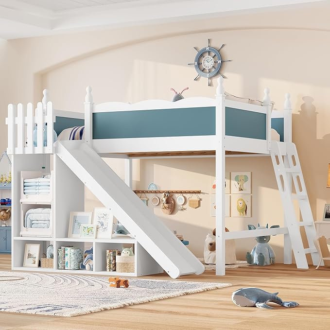 SOFTSEA Full Size Loft Bed with Slide & Storage, Wood Loft Bed with Open Shelves and Cabinet, High Lofted Bed with Convertible Slide and Ladder for Kids Teens Adults, Blue + White