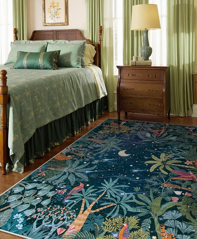 Lahome Midnight Jungle Green Rug, Washable Rugs 5x7 for Bedroom Aesthetic, Soft Animal Print Office Area Rug Botanical Stain Resistant Non Slip Dining Room Carpet for Under Table Living Room