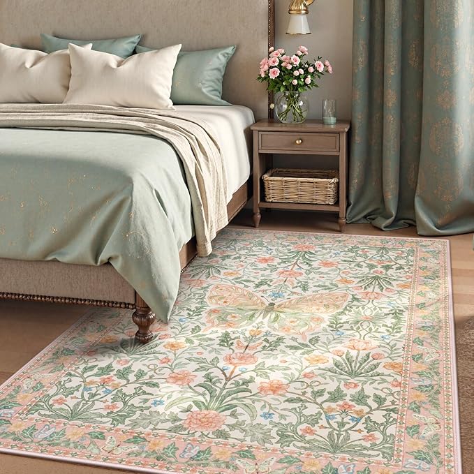 Collive Washable 6x9 Butterfly Area Rug, Pink Boho Floral Rugs for Girls Room, Soft Retro Non Slip Ultra Thin Insect Floor Carpet for Bedroom Living Room Playroom Nursery