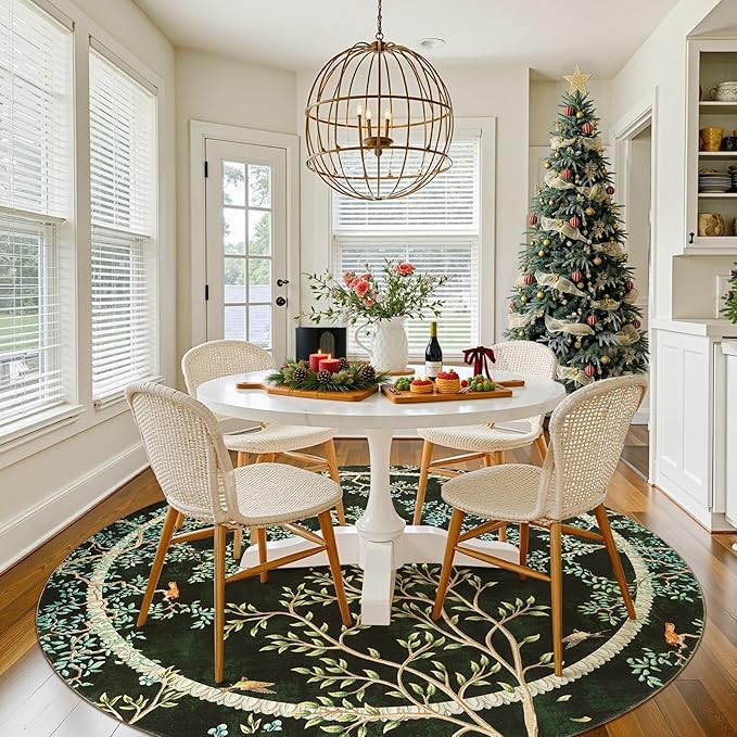 jinchan Yarden Christmas Round Rugs 7ft Moss Green Botanical Birds Print,Machine Washable 7' Circle Nature Plants Modern Soft Non-Slip Kids Throw Area Rugs, Low Pile Carpet for Living Room Bedroom