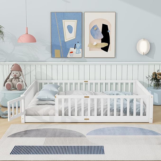 Queen Size Floor Bed for Kids, Wood Montessori Floor Beds with Fence Railings, Door & Slats Support, Queen Playhouse Bed Frame for Boys Girls, No Box Spring Needed, White