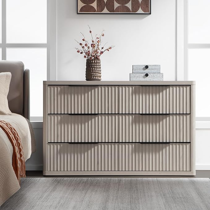 SICOTAS Dresser for Bedroom 53.5" Wide 6 Drawer Dressers & Chests of Drawers for Closet Long Large Modern TV Stand Set for Clothes Storage Fluted Clothes Closet for Hallway Entryway, White Alder