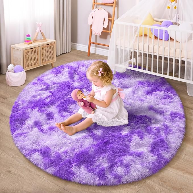 EVOIONOS Tie-Dyed Purple Round Rug Living Room, 6x6 Ft Fluffy Soft Circle Area Rugs Bedroom, Plush Shaggy Circular Carpet Indoor Floor Bedside Kids Nursery, Machine-Washable Home Decor Aesthetic