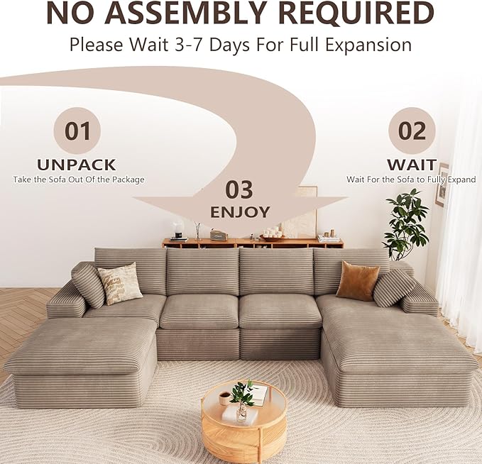 136" Cloud Modular Sectional Sofa with 1 Ottoman, Deep Seat Boneless Couch, Modern Upholstered Corduroy Couches, Comfort U Shaped Sofa for Living Room, No Assembly Required(Camel,Right Facing Chaise)