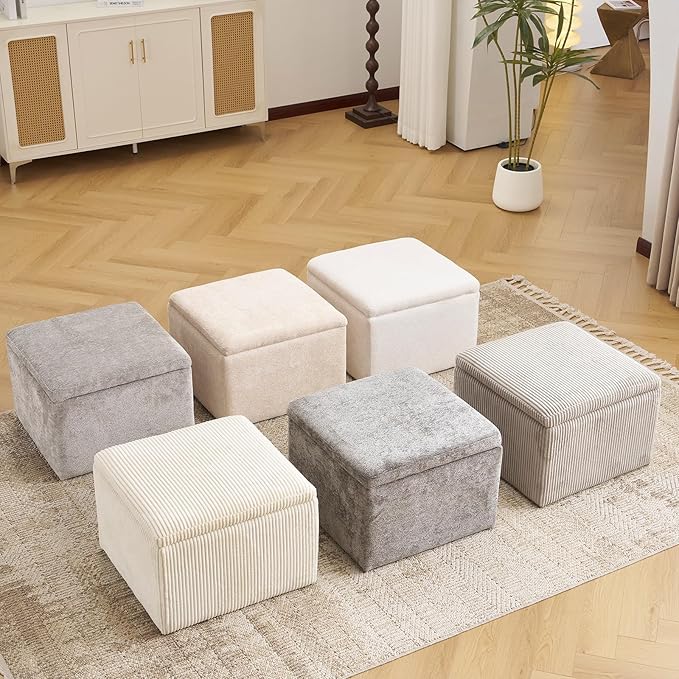 Cube Storage Ottoman, Chenille Ottoman Foot Stools, Ottoman Footstool with Removable Lid, Storage Ottoman for Chair, Multi-Functional Footrest, White
