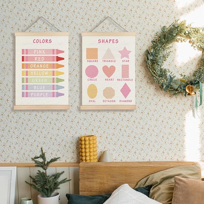 Supwhd Shapes Colors Posters for Classroom Wall, Shapes Colors Learning Poster Hanger Frame Wall Decor for Classroom Nursery Kids Room Playroom Preschool Decor, 12x16 Set of 2（Pink）