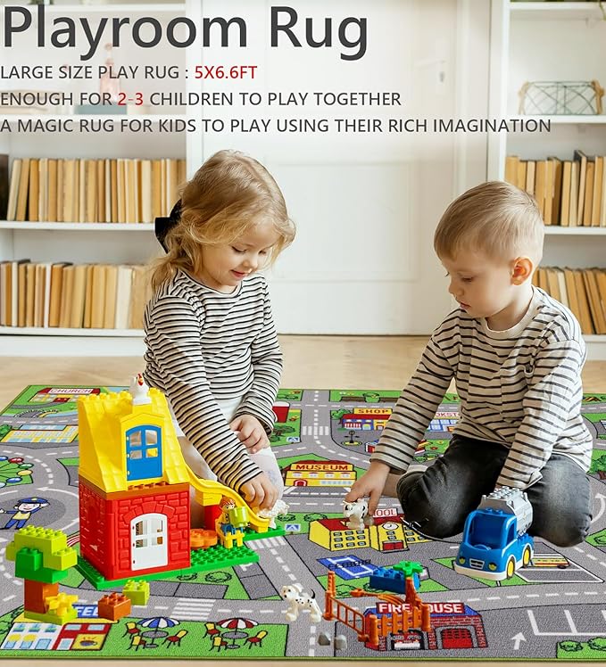 Kids Rug 6'6" x 5'0" City Life Playmat Area Rug Car City Map Washable Traffic Road Educational Learning Nursery Rug Carpet for Children Playroom Living Room Bedroom Classroom Decor Green