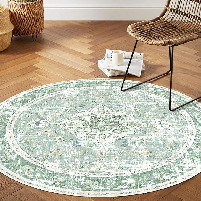Vhong Washable Boho Area Rugs Vintage Modern Neutral Carpet Sage Green 5×5 High Traffic Round Rugs for Dinning Room Living Room Bedroom Farmhouse Non Slip