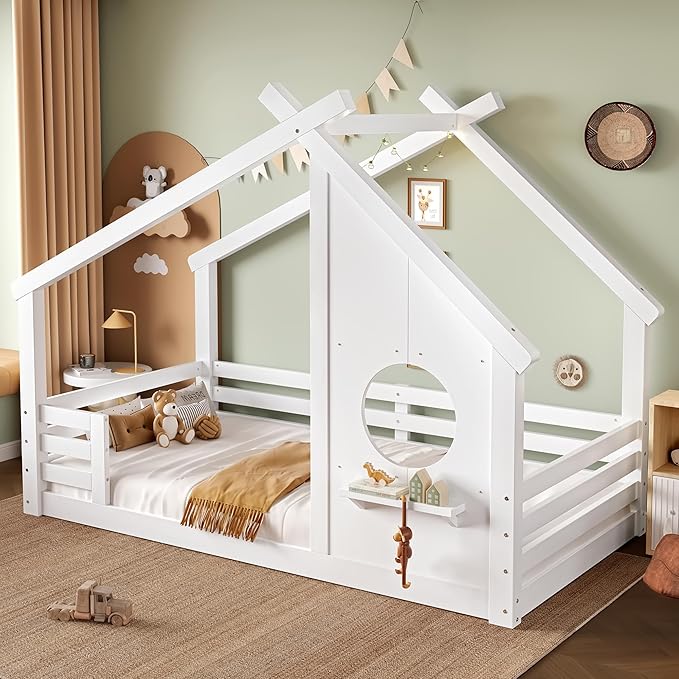 SOFTSEA Twin Size House Bed Frame, Kids Floor House Bed with Window and with Storage Shelf for Boys Girls, Wood Montessori Bed with Slats and Guardrails, White