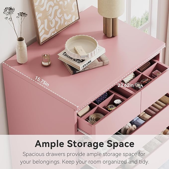 Pink Tall 7 Drawer Dresser for Bedroom, Modern Wood Closet Dressers & Chests of Drawers with Jewelry Storage, 23.6" L*15.8" W*47.5" H in Large Vertical Dresser for Bedroom, Living Room, Nursery