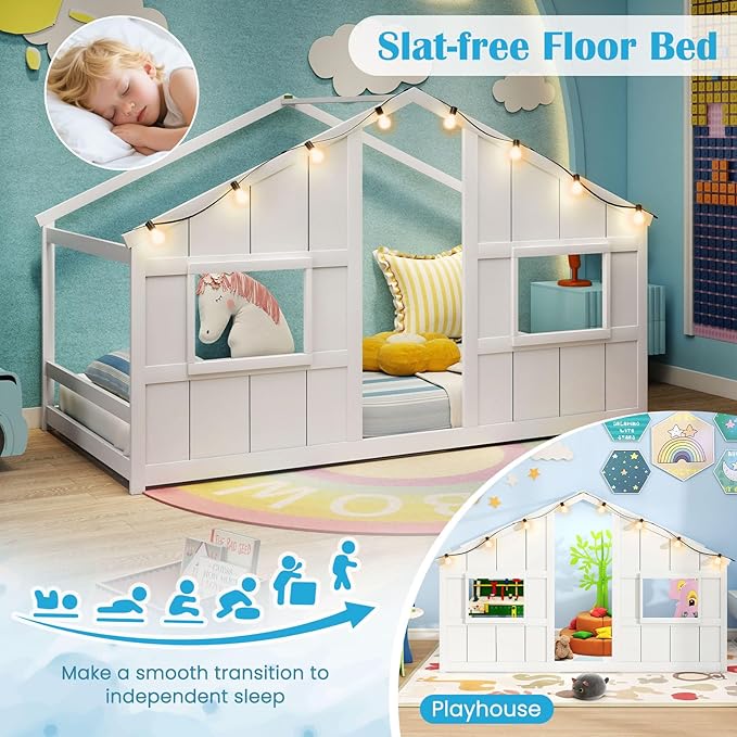 Twin Montessori Floor Bed with Roof, LED Light, Wood House Bed Frame with Headboard and 2 Windows, Low to Ground Cute Playhouse Bed for Kids, Girls, Boys, Without Slats (White)