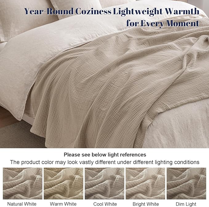 PHF 100% Cotton Muslin Throw Blanket 50" x 60", 4-Layer Lightweight Gauze Throw, Breathable Cloud-Soft Minimalist Blanket for Bed, Couch, Camping & Baby, Taupe, Ideal Gift