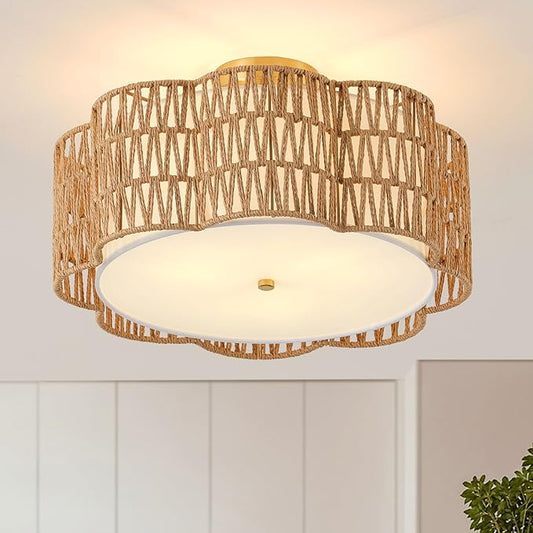 17.7" Rattan Ceiling Light Flush Mount, 3-Light Boho Close to Ceiling Light Fixtures, Rattan Bedroom Ceiling Light Farmhouse Large Drum Chandelier for Dining Room Kitchen Hallway(3-Tier Yellow)