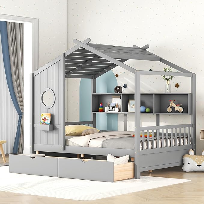 Harper & Bright Designs Kids Full Size House Bed with Storage Drawers & Shelf, Wood Full Size Platform Bed Frame with Roof, House Bed Twin Size for Boys, Girls, Gray