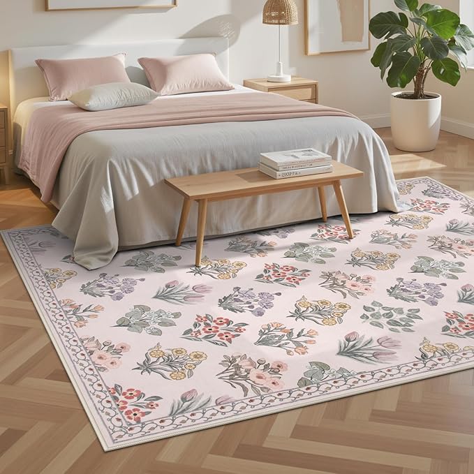 Wonnitar 8x10 Washable Rug, Pink Rugs for Girls Bedroom Decor, Boho Ultra-Thin Non Slip Soft Moroccan Floral Large Carpet for Living Room Baby Nursery Kids Playroom, Pale Pink