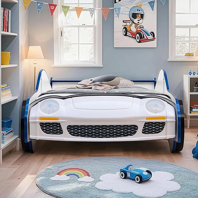 Bed Frames for Kids, Hero Patrol Police Car Bed Wooden Platform Bed Frame with LED Lights, Twin Size Chidren Bed Frame with Wood Slat Support, Fits Standard Twin Mattres (Blue)