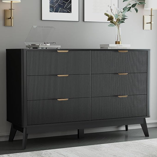 SUNWAVE 6 Drawer Dresser for Bedroom, 49.6" Wide Modern Fluted Dresser with Round Corner, Wood Chest of Drawers for Living Room