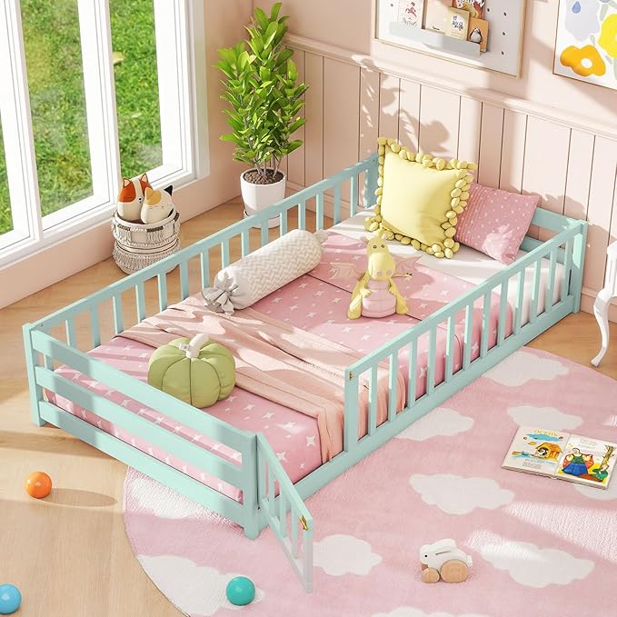 Giantex Twin Floor Bed with Door & Fence, Kids Wood Montessori Beds with Safety Guardrails, Floor Bed Twin for Kids, Boys, Girls, No Box Spring Needed, Mint Sky