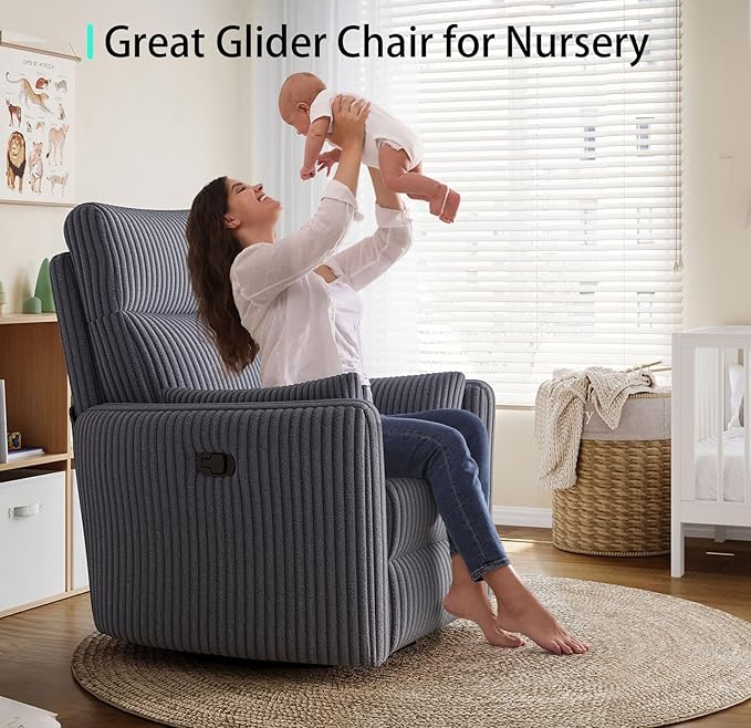 LINSY 360 Swivel Nursery Recliner - Corduroy Glider Rocking Chair with 2 Pillows, Comfy High Back Adult Recliner for Small Spaces, Nursery Bedroom Living Room Reclining Chairs, Gray