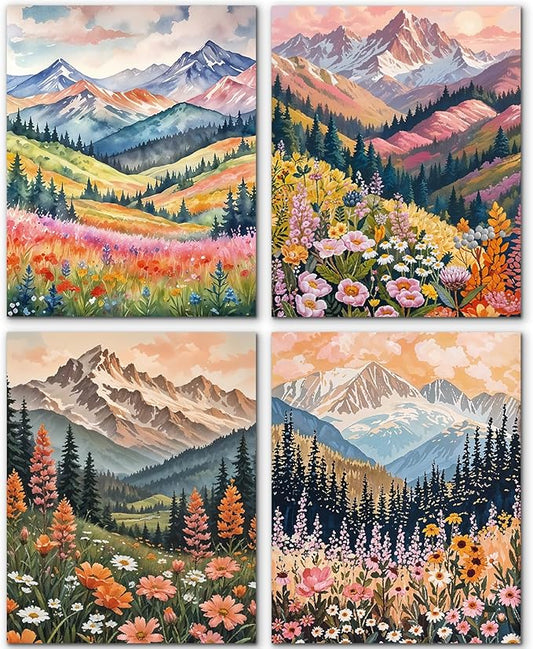 JINYO Boho Abstract Wildflower Mountain Scenery Wall Art Prints Set of 4, Modern Maximalist Colorful Floral Wall Decor Posters Pictures for Home Bedroom Living Room, 8x10 Unframed
