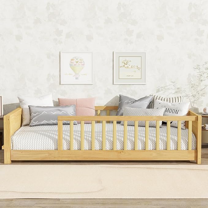 Twin Toddler Floor Bed with High Rails, Wooden Montessori Bed Frame with Built-in Book Rack, Twin Size Bed Frame for Kids, Boys and Girls, Natural