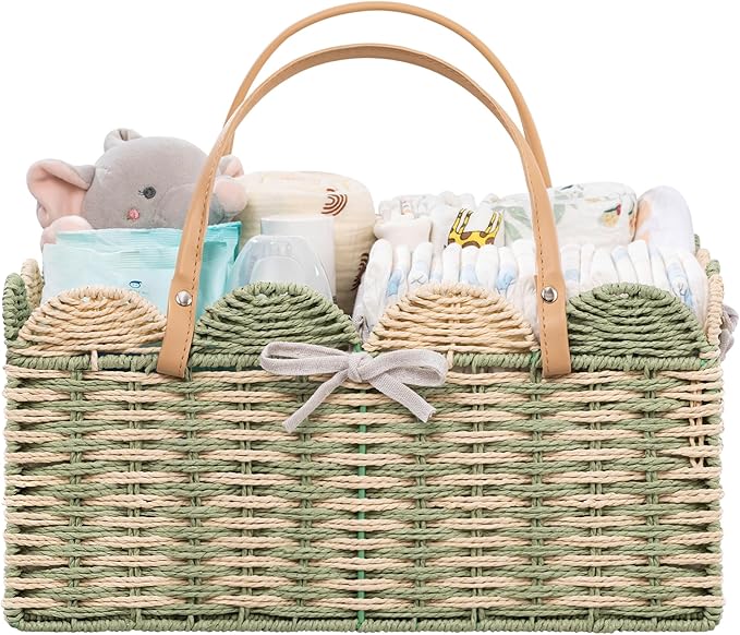 HBlife Large Baby Diaper Caddy, Paper Rope Storage Baskets Nursery Bin with Removable Divider, Portable Car Organizer for Diapers, Baby Shower Gifts, Newborn Essentials Must Haves