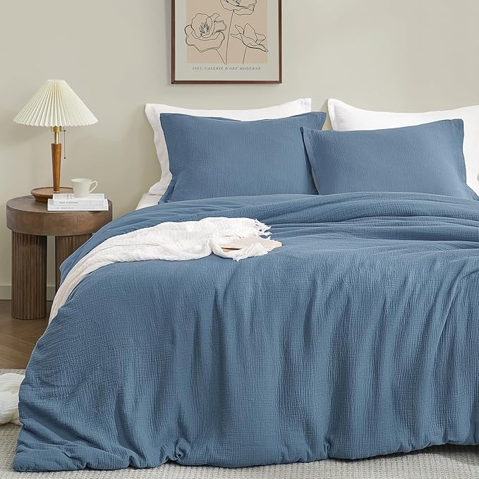 PHF Cotton Muslin Comforter Set Queen Size, Ultra Soft, Breathable & Lightweight All-Season, Filling: 100% Polyester, 3 Pieces with 1 Comforter 90"x90" and 2 Pillow Shams 20"x26", Captain's Blue