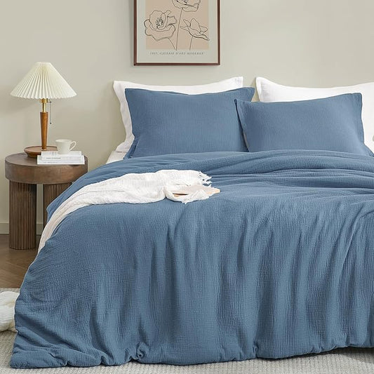 PHF Cotton Muslin Comforter Set King Size, Ultra Soft, Breathable & Lightweight All-Season, Filling: 100% Polyester, 3 Pieces with 1 Comforter 104"x90" and 2 Pillow Shams 20"x36", Captain's Blue